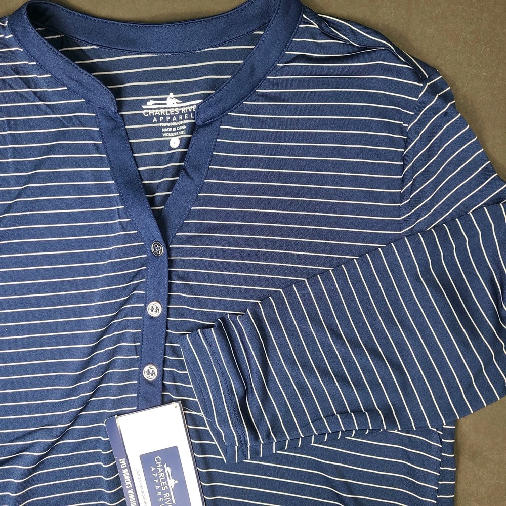 Charles River Apparel Blue White Striped Henley Shirt Women's Size L NWT